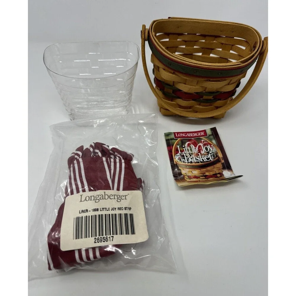 Longaberger 1998 Little Joy Basket Set - Berry Red Stripe + Protector